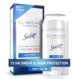 Secret Clinical Strength Antiperspirant Deodorant for Women, 3X Stress Protection, 72hr Sweat & Odor Protection, PH Balancing Minerals, Soft Solid, Light & Fresh Scent, 2.6 oz
