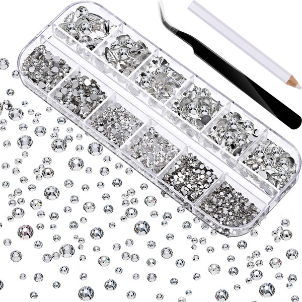 2000 Pieces Flat Back Gems Round Crystal Rhinestones 6 Sizes (1.5-6 mm) with Pick Up Tweezer and Rhinestones Picking Pen for Crafts Nail Face Art Clothes Shoes Bags DIY (Clear)