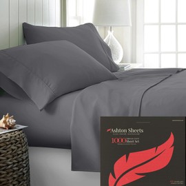 Ashton Sheets 100% Egyptian Cotton Sheets King Size - 1000 Thread Count 4 PC King Sheets Egyptian Cotton, Luxury Sheets King Size, Cooling, High Thread Count Sheets King, 16" Deep Pocket - Dark Grey