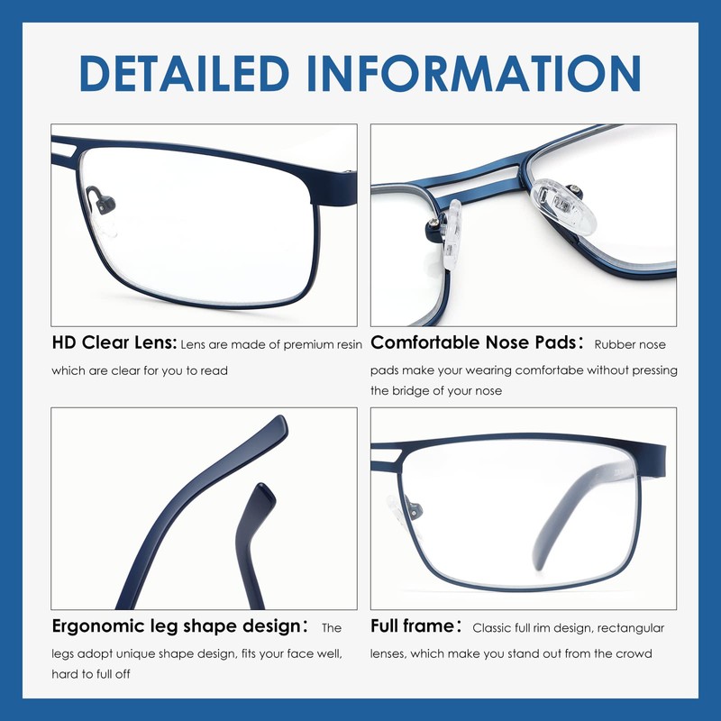 FEIVSN Metal Reading Glasses For Men, Blue Light Blocking Computer