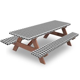 KENOBEE 8.5ft Picnic Table and Bench Cover, Camping Essentials RV Gear, 102 in Waterproof Windproof Outdoor Elastic All Around Tablecloth, Fitted Rectangle Tables and Seats, Black-White Checkered