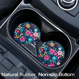 Car Coasters for Cup Holders,2 Pack Floral Car Coasters,2.75" Universal Size Anti Slip Rubber Mat,Automotive Cup Holder Decal Decor Accessories,Rubber Car Cup Mat for Women,Men,Mom