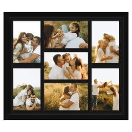 HEYTUYA 4x6 Picture Frame Collage for Wall, Display 7 Pcs 4x6 Photos with Mat or 12x14 Without Mat, 7 Opening Photo Frame for 4 x 6 Pictures with Shatter Resistant Plexiglass, Black Mat, Black