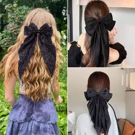 Beadthoven 2pcs 2 Styles Black Bowknot Hair Barrettes with Long Tail Big Bow Hair Clips Polka Dot & Solid Color Satin Ribbon Bowknot Hairpins French Style Hair Accessories for Women Headdress