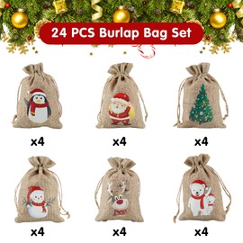OWill 24 PCS Small Gift Bags, Jute Burlap Drawstring Small Christmas Bags for Christmas Treat Small Gifts