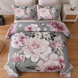 WONGS BEDDING Floral Quilt Set Queen, Grey 3 Pieces Elegant Pink Flower Quilt Bedding Set for All Season Soft Microfiber Lightweight Reversible Bedspread Coverlet with 2 Pillow Shams 96"X90"