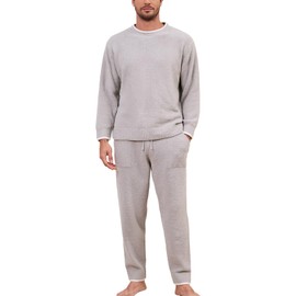 Snuggle Sac Ultra Soft Mens Pajamas Set Cozy Warm Microfiber Knitted Pajamas Sleepwear Long Sleeve Lounge Set with Pockets(Large, Light Grey)
