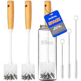 Holikme 5 Pack Bottle Brush Cleaner Set, 14" Bamboo Handle Bottle Cleaner Brush, 3 Straw Brushes, Bottle Cleaning Brush for Water Bottle, Cups, Baby Bottle, Straws Grey White