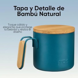 FROC The Mist Taza Térmica 350 ml / 12 oz de Acero Inoxidable, Aislada al Vacío, con Tapa de Bambú y Asa Ergonómica, Mantiene Caliente y Frío, Ideal p
