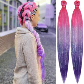 Ombre Hot Pink Purple Lavender Braiding Hair with Tinsel 30 Inch Pre Stretched Braiding Hair 2 Packs Pre Feathered Hair Extensions Kanekalon Braids Hair Easy to Use