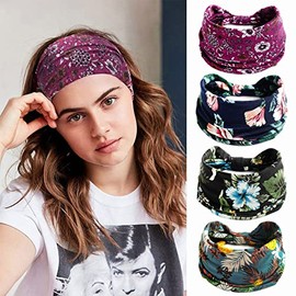4PCS Bandas para la Cabeza Anchas para Mujer, Banda Boho, Cinta de Gimnasio Antideslizante Suave, Bandas Elásticas con Estampados Florales de Moda, Ba