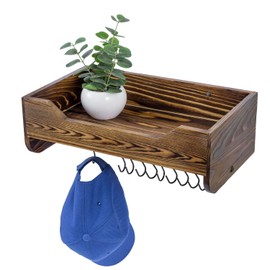 MyGift Wall Mounted Baseball Cap Storage Organizer, Urban Industrial Burnt Solid Wood and Black Metal Hanging Hat Rack with 10 S-Hook Hanger, Top Entryway Shelf Tray