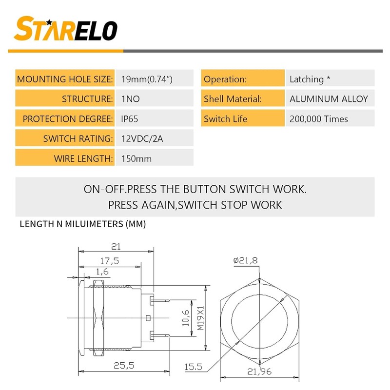 STARELO 5pcs 19mm Latching Push Button Switch Black Shell with