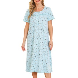 100% Cotton Nightgowns for Women Short Sleeve Cotton Night Gown Sleep Dress Floral House Dress Button Down Granny Nightgown Flower Print Sleepwear Winert Housecoat Blue M