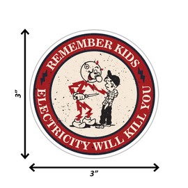 Evoque Sellers Remember Kids Electricity Will Kill You Sticker - Humorous Reddy Kilowatt Warning Stickers; Set of 2 Ideal for Electrician's Hard Hat Stickers, Laptop, Water Bottle, Car,
