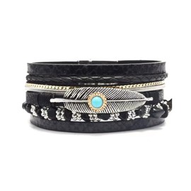 KunBead Black Leather Wrap Bracelets for Women Feather Charm Braided Boho Multi-Layer Bracelet Wristband Cuff Bangle
