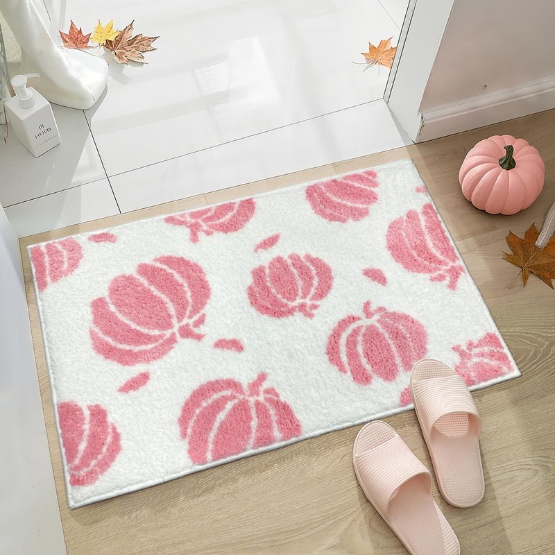 APROPHIC Pink Pumpkin Bath Mats, Fall Bathroom Decor, Non-Slip Microfiber