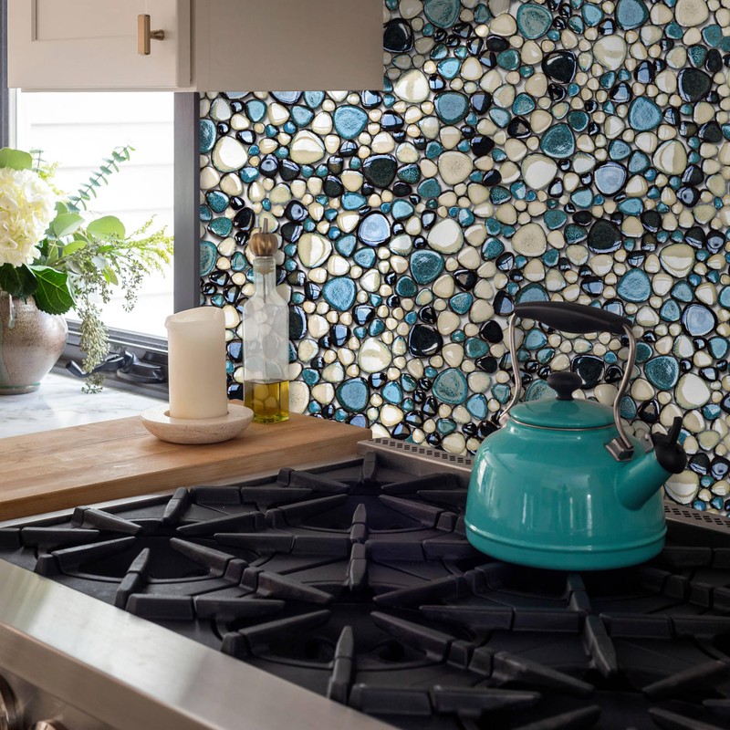 Primoon Pebble Tiles 5 Sheets, Aqua Teal Blue Mosaic Tiles