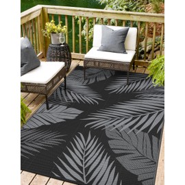 sarben Outdoor Rug 9' x 12' for Patio Waterproof Clearance, Reversible Indoor Outdoor Plastic Straw Camping Rug Carpet, RV Mat, Large Area Rug for Deck, Backyard, Balcony, Porch, Beach, Black and Grey
