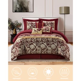 LANCO MODERN LIFESTYLE California King Comforter Set, Red Gold, Luxury Floral Jacquard Bedding Sets Included Comforter, Bedskirt, Pillow Shams and Decorative Pillows, 7 Pieces, All Seasons