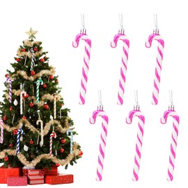 13cm Hot Pink White Candy Cane Christmas Decoration,6pcs Christmas Glitter Candy Cane,Xmas Tree Pendant Hanging Ornaments Plastic Candy Cane for Christmas Tree Decorations,Holiday New Year Party Decor