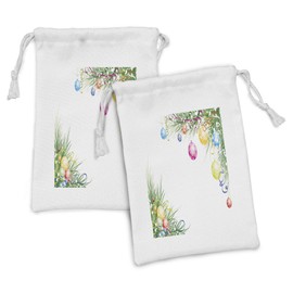 Ambesonne New Year Fabric Pouch Set of 2, Colorful Baubles on Fir Branches Seasonal Ornaments Christmas Themed Illustration, Small Drawstring Bag for Toiletries Masks and Favors, 9" x 6", Multicolor