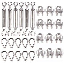 6-Pcs Turnbuckle Tension Wire Rope with Eye&Hook (M6), 12-Pcs 1/8 Inch Wire Rope Cable Clip Clamp (M3), 10-Pcs Thimble (M3), Stainless Steel Kit, Aunifun