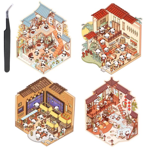 4 Sets Panda Theme 3D Sticker Scene 3D Miniature Scene