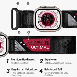 ULTIMAL watch band 49mm nylon rugged durable adjustable woven hook and loop protective breathable military sports wristband replacement men women gifts strap iwatch (Black L)