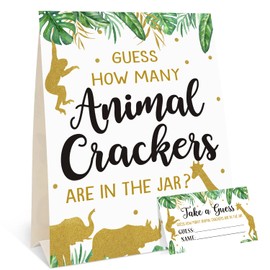 Gold Safari Baby Shower Decorations Supplies Guess How Many Animal Crackers Game with Standing Sign 30 Cards