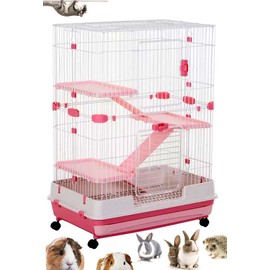 Pink Extra Large Multi-Level Indoor Small Animal Pet Cage for Guinea Pig Ferret Chinchilla Cat Playpen Rabbit Hutch with Solid Platform & Ramp Leakproof Litter Tray Large Access Doors Lockable Casters