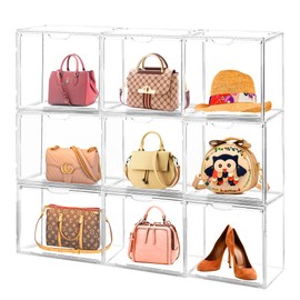 Cutora 15Pack Purse Organizer for Closet Clear Acrylic Display Case Handbag Storage Organizer Box with Magnetic Door Stackable Storage Bins with Dustproof Lid for Book Toys Shoes Cosmetic Collectibles