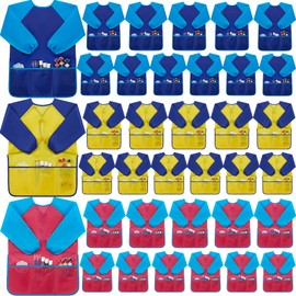 36 Pcs Kids Art Smocks Waterproof Toddler Painting Smocks Children Artist Apron Long Sleeve with 3 Pockets for Girl Boy Painting Supplies, Age 2-8 Years
