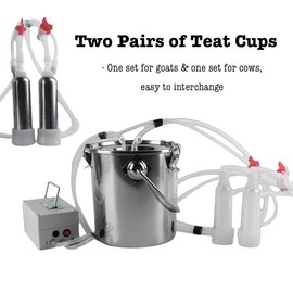 2 in 1 Cow & Goat Milking Machine, Electric Vacuum Pulsation Milker, 7L Portable Milking Machine, 4 Teat Cups for Cows Goats, Thickened Tubes, Overflow Protection