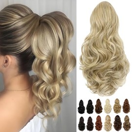 Cephermer Ponytail Extension, 15 Inch Drawstring Ponytail, Light Blonde Mix Bleach Blonde Wavy Clip in Pony Tails Hair Extensions Natural Looking Synthetic Hairpiece for Women Daily Use party