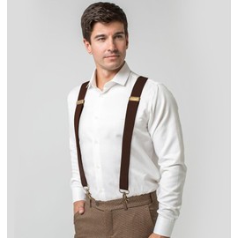 Fasker Suspenders for Men Heavy Duty 4 Snap Hooks Adjustable Elastic Straps X-Back Mens Suspenders,Coffee Color