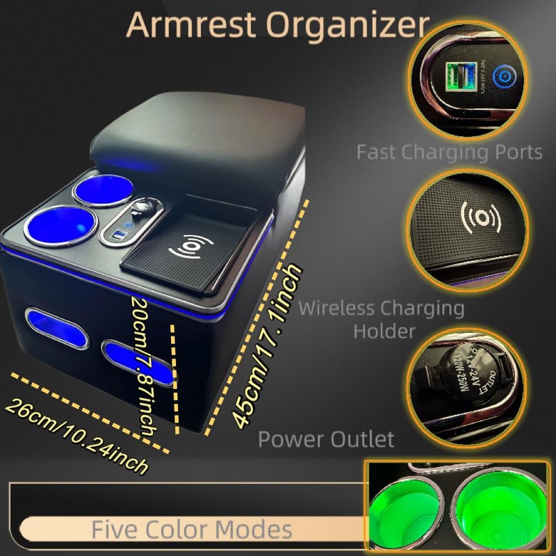 Center Console Armrest Organizer with Wireless Charging Phone Holder &