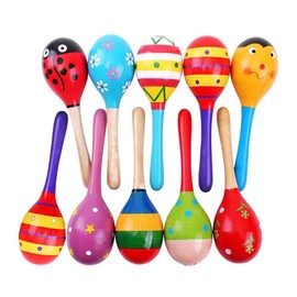 NUOBESTY Pack of 10 Wooden Fiesta Maracas Cute Animal Pattern Hand Bell Baby Squeaker Sand Hammer Toy for Mexican Fiesta Musical Party Favour (Random Colour)