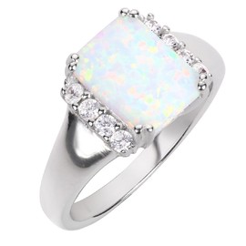 CloseoutWarehouse Rectangle Simulated Opal and Cubic Zirconia Ring Sterling Silver (Color Options, Sizes 4-15) (White Simulated Opal, 7)
