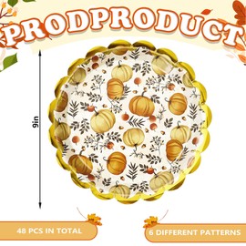 JarThenaAMCS 48Pcs Fall Paper Plates Pumpkin Maple Leaf Scalloped Disposable Plates 9 Inch Farmhouse Decorative Dinner Plates for Autumn Thanksgiving Harvest Party Supplies