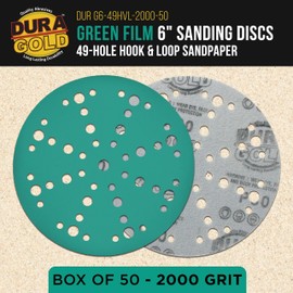 Dura-Gold Premium 2000 Grit 6" Green Film Sanding Discs, 49-Hole Pattern, Box of 50 - Heavy-Duty Dustless Hook & Loop Backing Sandpaper for DA, Random Orbital Sander, Detail Color Sand Auto Paint Wood
