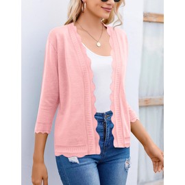 BeautyNee Women's 3/4 Sleeve Summer Cardigan Lightweight Open-Front Cropped Knit Shrug Sweater Casual Spring Shirts Pink