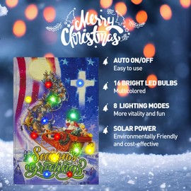 Santa Claus Sleigh Reindeer Season Greeting Solar Led Lighted Garden Flag, USA Flag Christ Cross Yard Decor for Christmas Holiday Outside 12x18 Inch