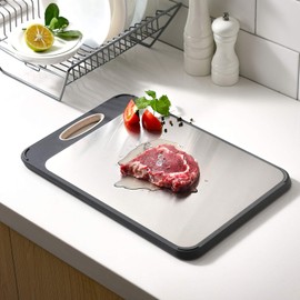 GUANCI Cutting Board for Kitchen, Stainless Steel Cutting Board Double Sided for Chopping Meat/Vegetables, Stainless Steel/Wheat Straw PP, Kitchen Gifts Easy to Clean Large 16”×11”