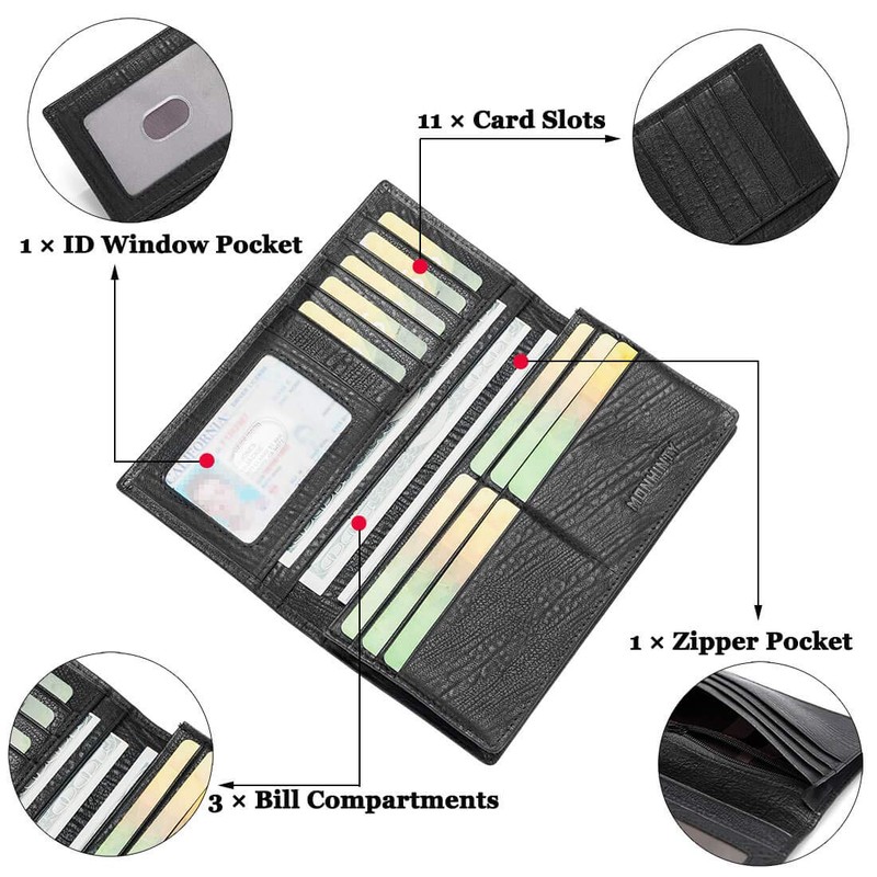 monhinty Men's Genuine Leather Multi-Card Long Bifold Wallet for Checkbook