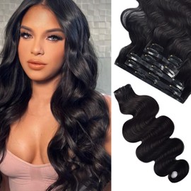 Seamless Clip in Hair Extensions Real Human Hair Clip ins Body Wave 120g 7pcs Ultra Thin Double Weft PU Clip in Hair Extensions 10A Brazilian Human Hair Extension for Women #1B Natural Black 20 Inch