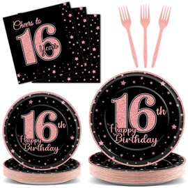 ZOiiWA 96 Pcs Rose Gold 16th Birthday Party Decorations Sweet 16 Black Rose Gold Tableware Set Pink Happy 16th Birthday Party Plates and Napkins for Girls Rose Gold Birthday Party Supplies Serve 24