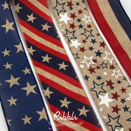 Ribbli Rustic Patriotic Ribbon Wired,4 Rolls Stars and Stripes Burlap Ribbon,2-1/2 Inch Total 60 Feets(20 Yards), Patriotic Ribbon for Crafts,Wreaths,4th of July Big Bow,Party Decoration-PT01