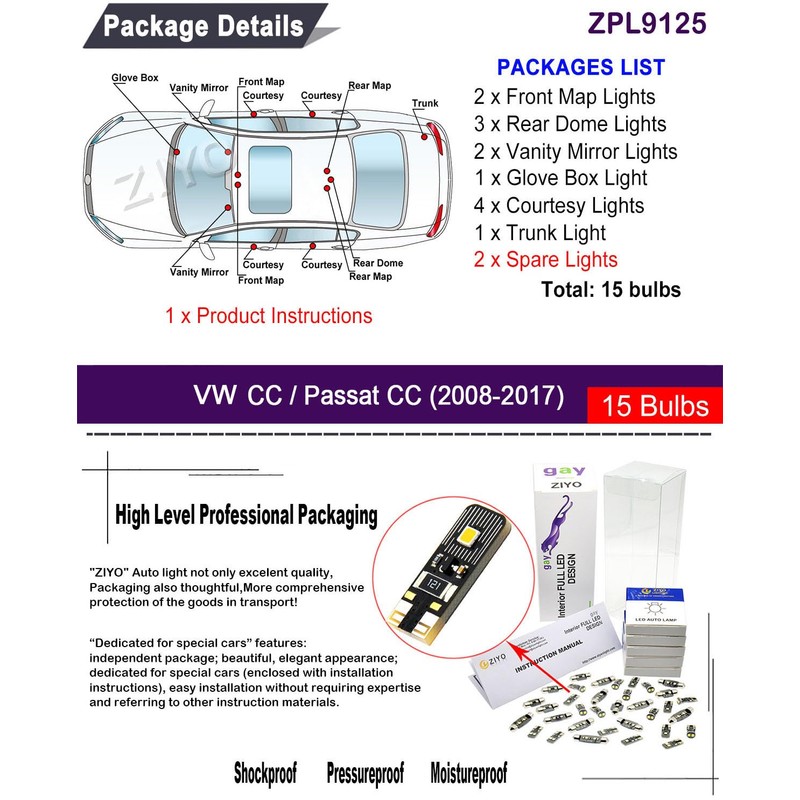 ZIYO ZPL9125 - (15 Bulbs) LED Interior Light Kit Package