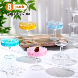 Teenyyou 8 Pcs Ribbed Vintage Coupe Glasses 7 oz Martini Glasses Clear Champagne Coupe Glasses Classic Cocktail Glasses Reusable Ribbed Glassware for Champagne Cocktail Martini European Style